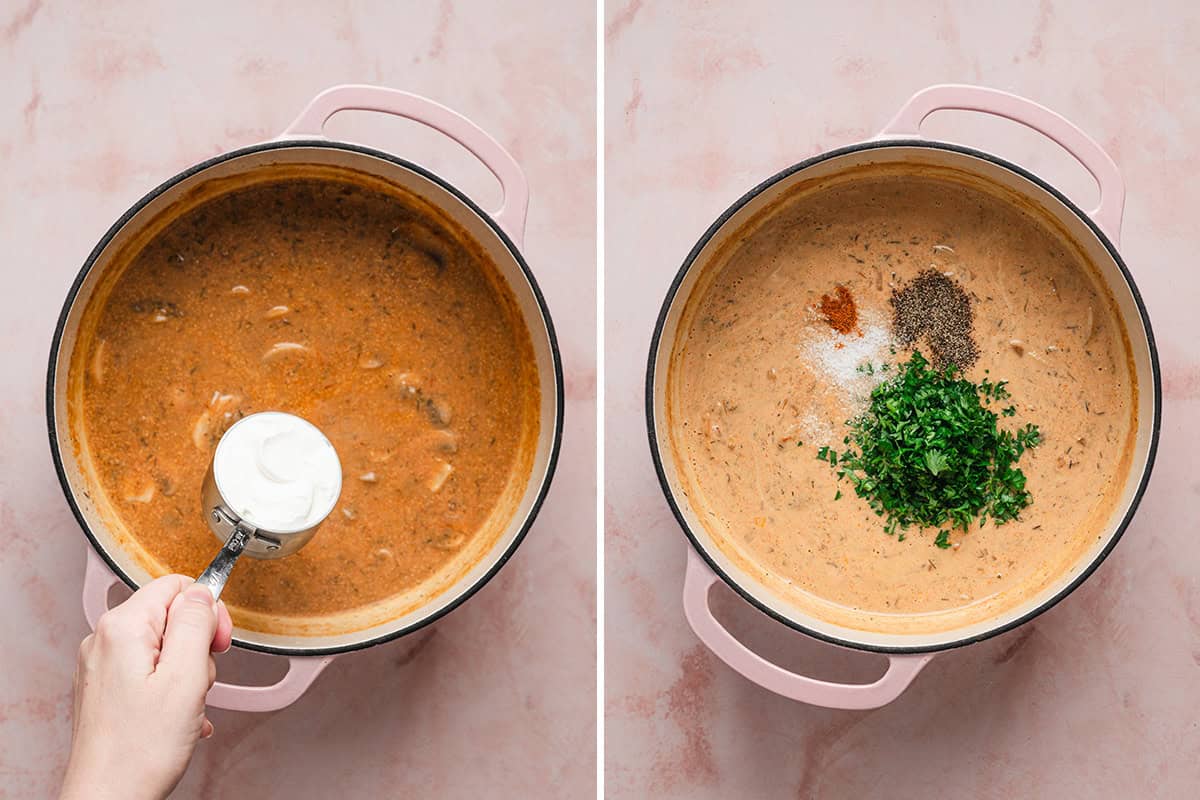 sour cream, herbs, and seasonings being added to pot of mushroom soup
