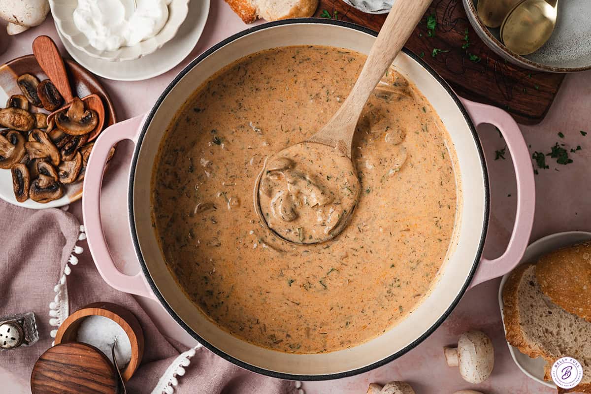 overhead ladle full of Hungarian Mushroom Soup in pot