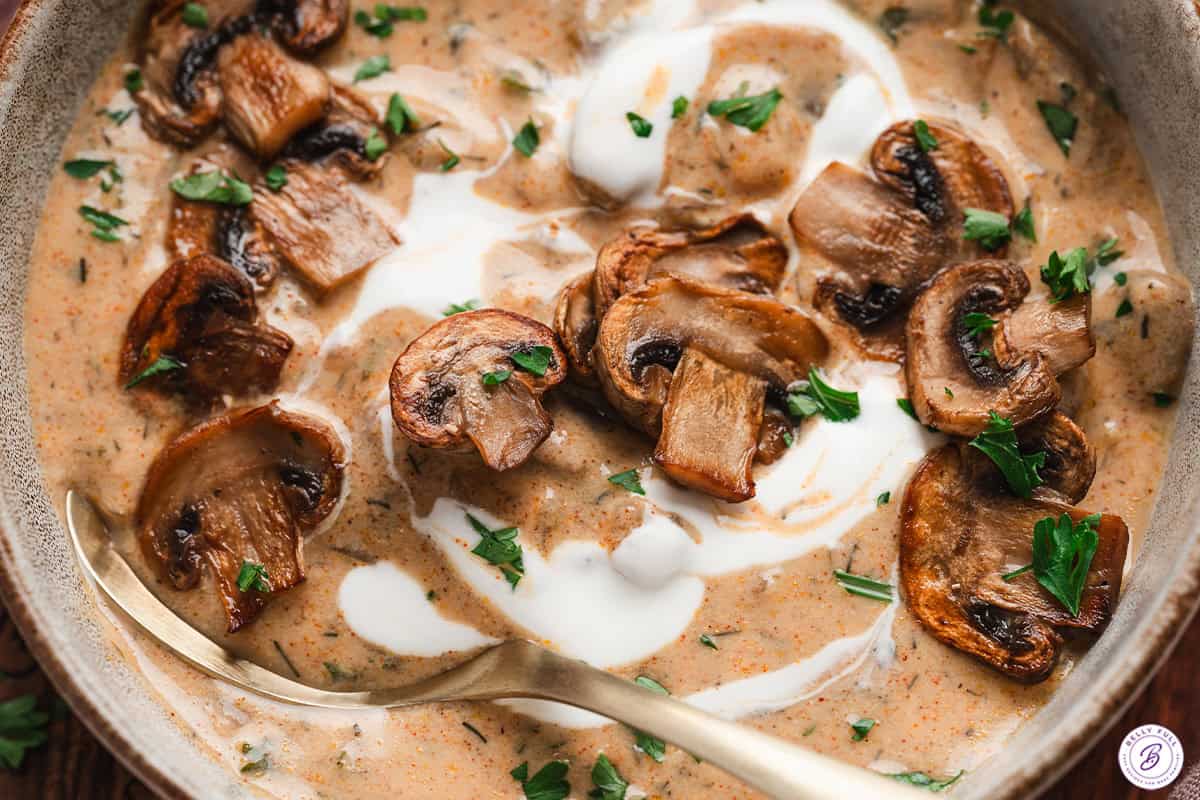 close up Hungarian Mushroom Soup in bowl with spoon
