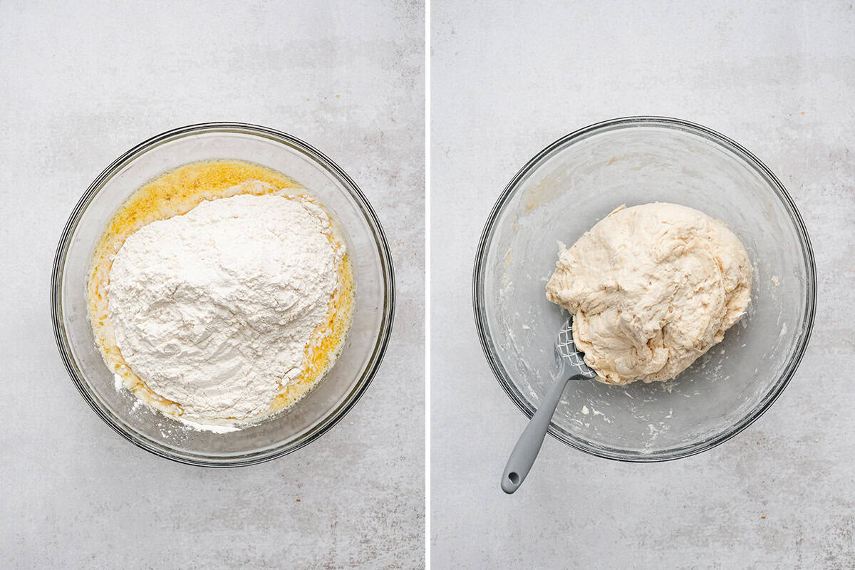 flour and yeast mixture stirred together in bowl for pizza dough