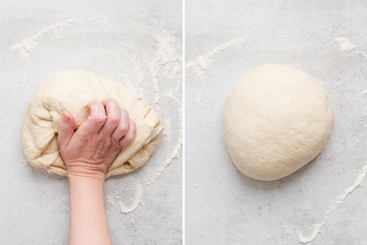 hand kneading pizza dough into a round