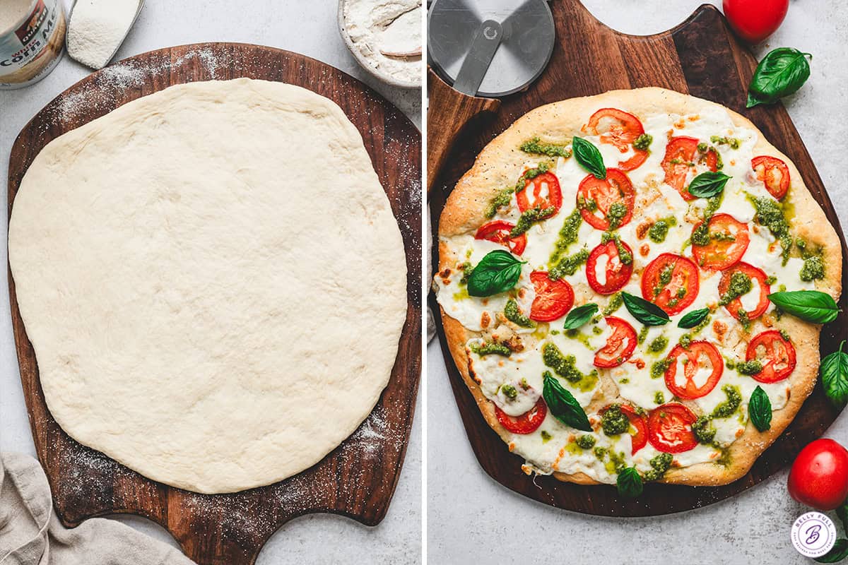 rolled out pizza dough and baked Margherita pizza