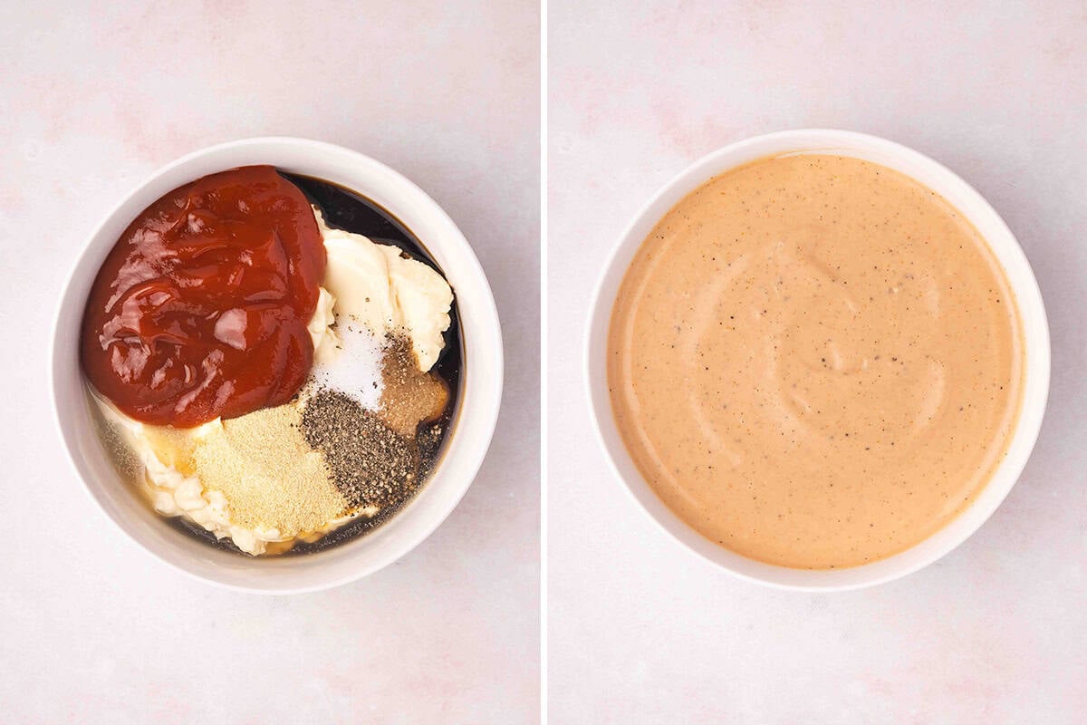 A photo collage showing before and after of mixing the ingredients together to make raising cane's sauce.