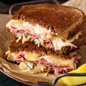 Reuben Sandwich cut in half and stacked
