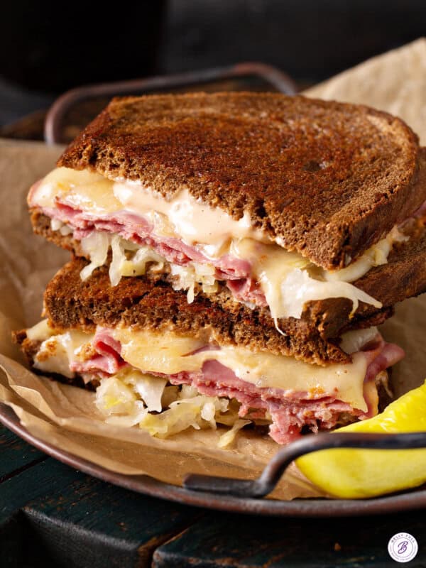 Reuben Sandwich cut in half and stacked
