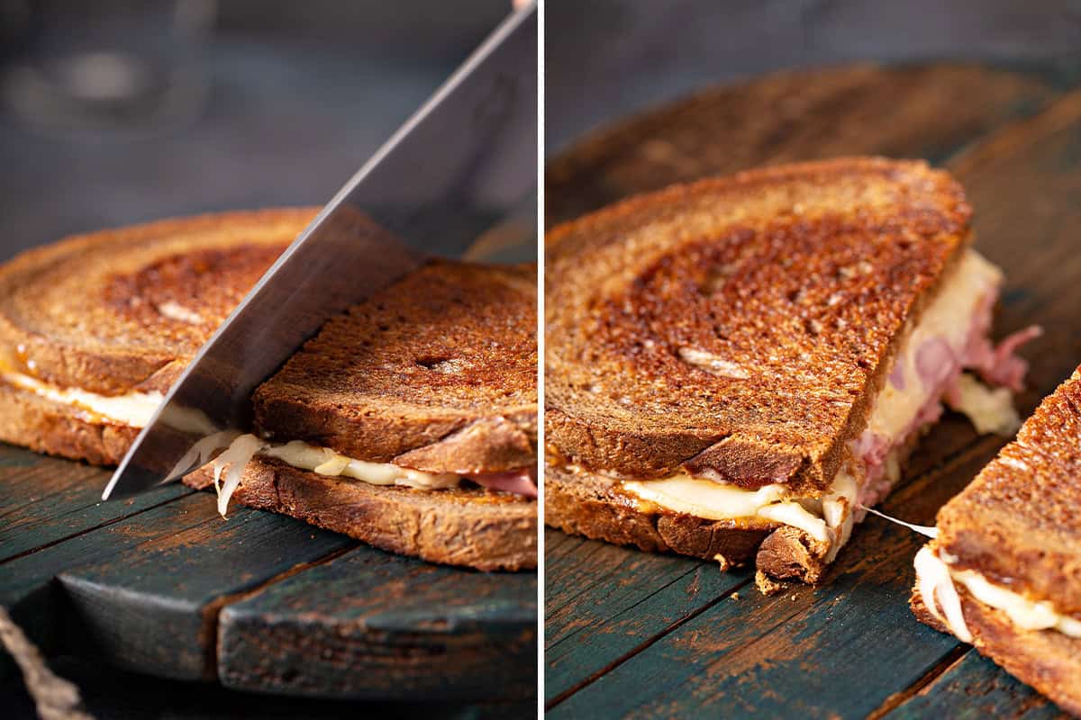 Reuben Sandwich being cut in half