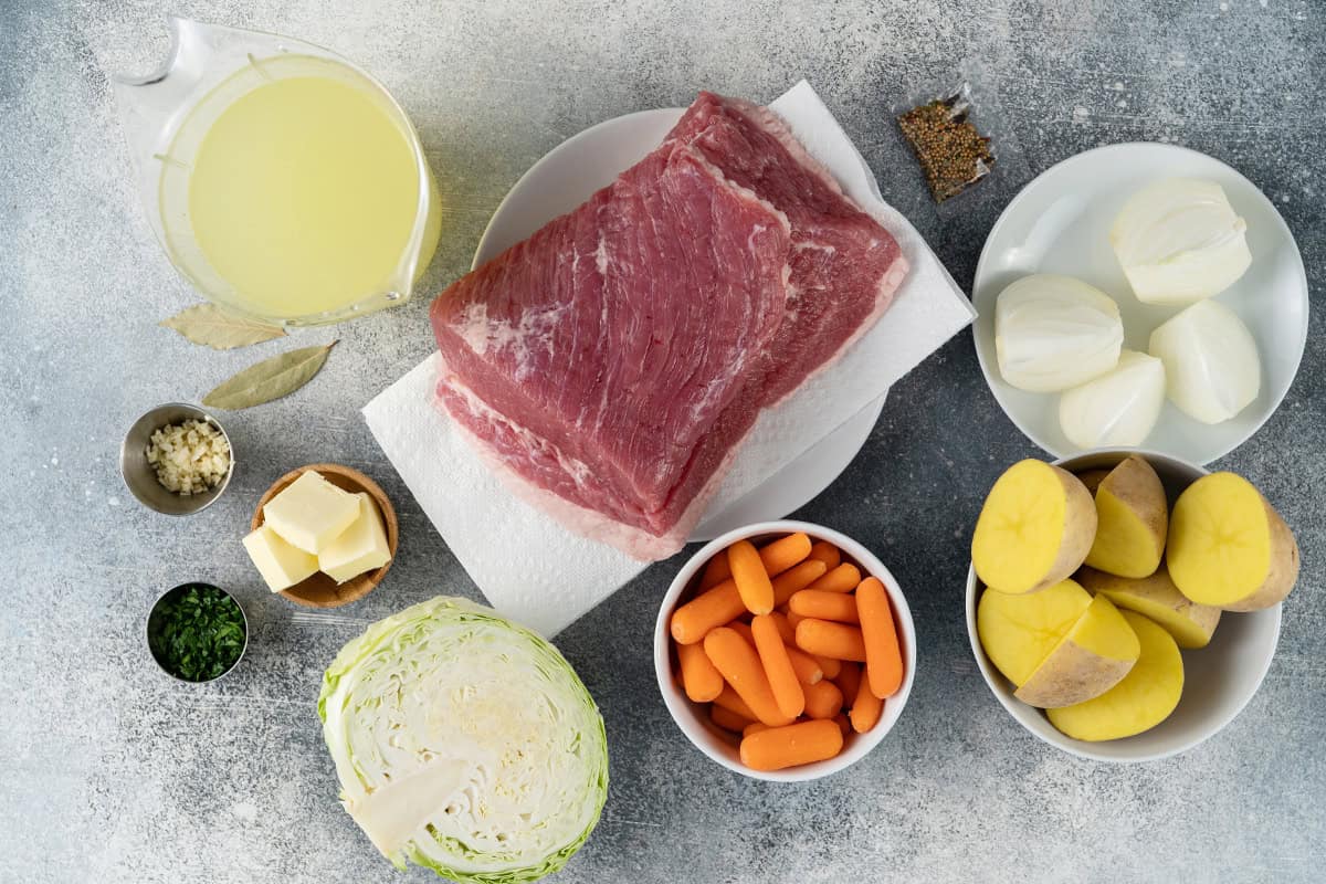 ingredients to make Slow Cooker Corned Beef and Cabbage