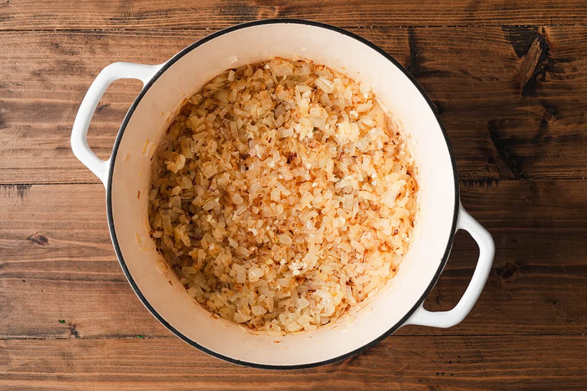 caramelized diced onions in soup pot