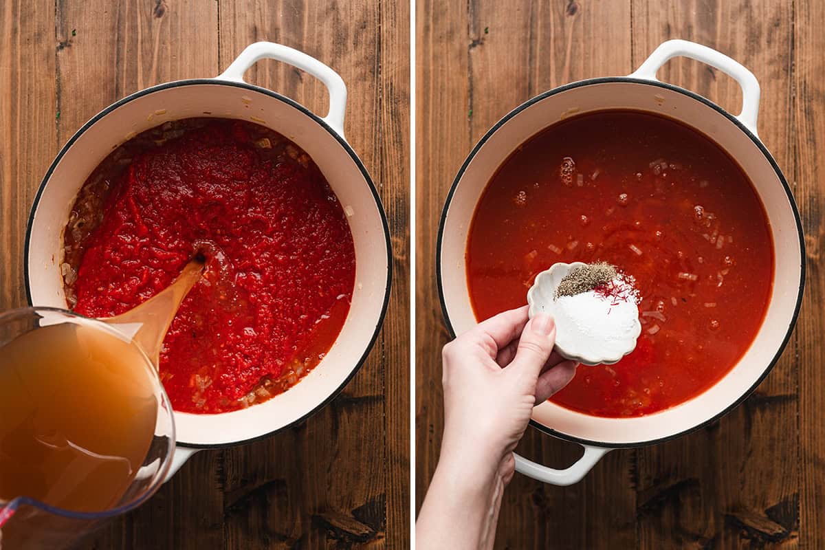 chicken broth and seasonings being added to pot of tomato soup