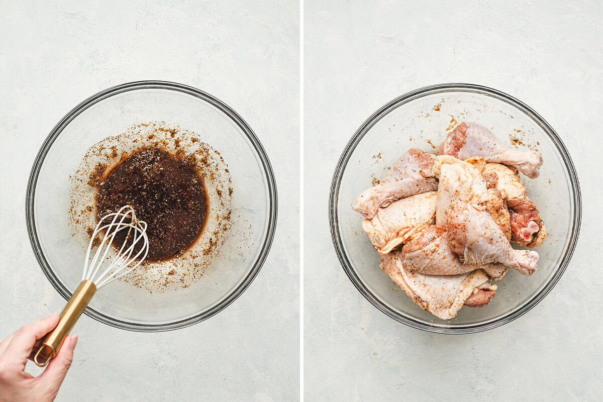 Balsamic vinegar marinade in a glass bowl and then coating raw chicken in a mixing bowl.