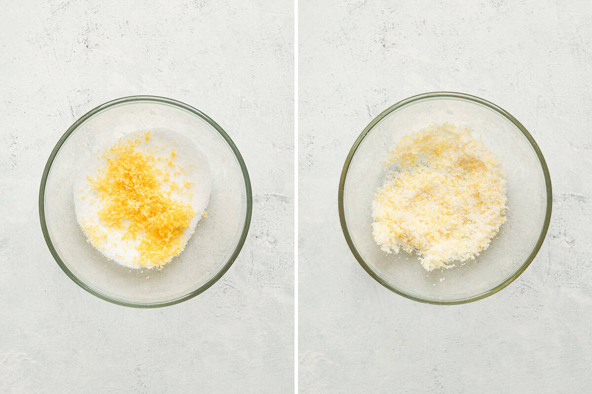Granulated sugar and fresh lemon zest in a bowl for making lemon sugar topping