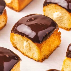 Side view of Boston Cream Pie Roll “Donuts”.