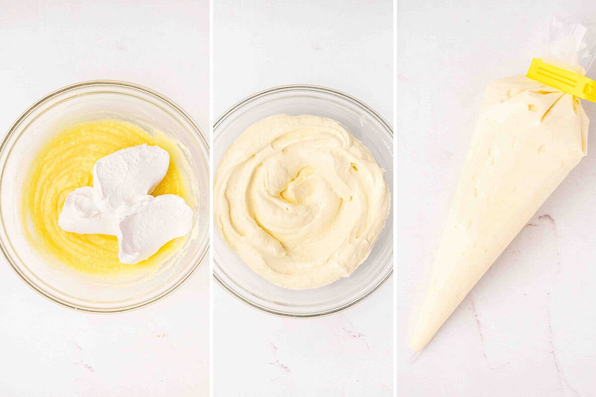 Cool whip and pudding in a bowl, then mixed together in a bowl, and then in a piping bag.