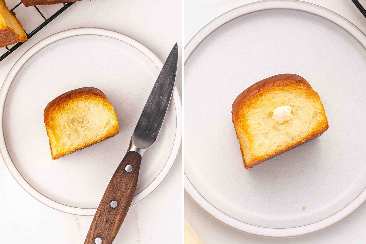 A hawaiian roll on a plate with a knife and then a hawaiian roll on a plate filled with cream filling.