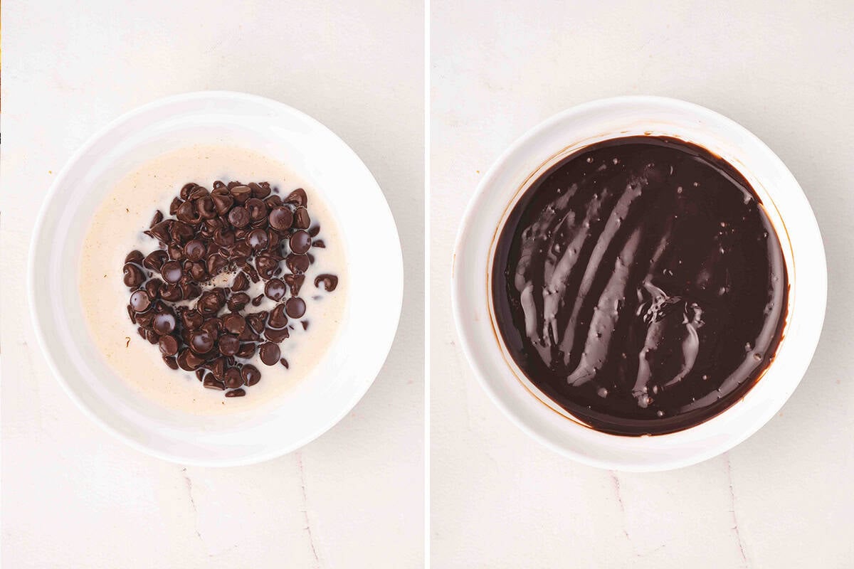 Chocolate chips added to a bowl of milk, followed by a bowl of melted chocolate and milk mixture.