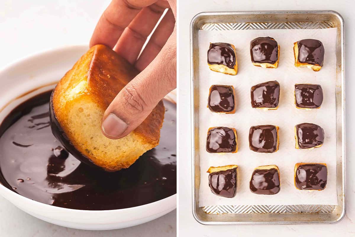 A hand dipping a hawaiian roll into melted chocolate, followed by boston cream pie roll 'donuts' on a baking sheet.