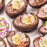 Deviled Brownies that mimic classic savory deviled eggs with a brownie base and piped frosting