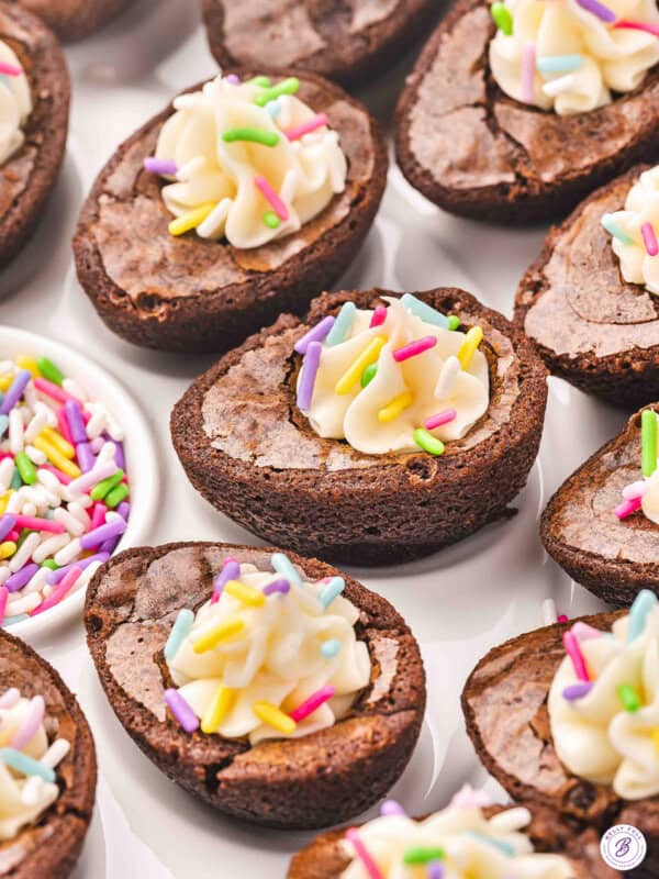 Deviled Brownies that mimic classic savory deviled eggs with a brownie base and piped frosting