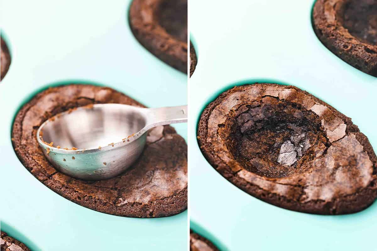tablespoon measure pressing into baked egg shaped brownie