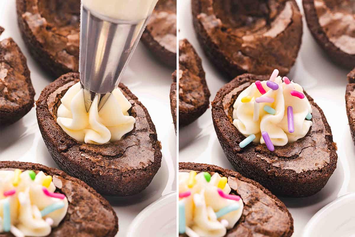 frosting being piped into an egg shaped brownie