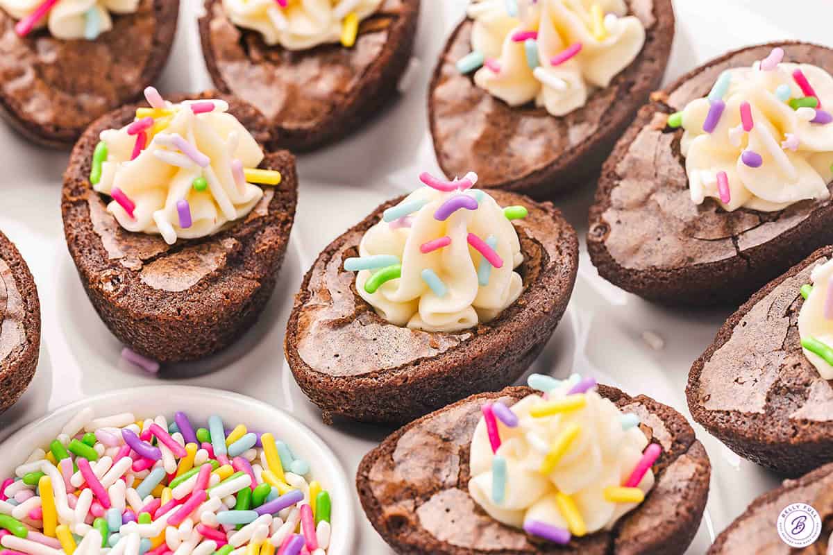Deviled Brownies that mimic classic savory deviled eggs with a brownie base and piped frosting