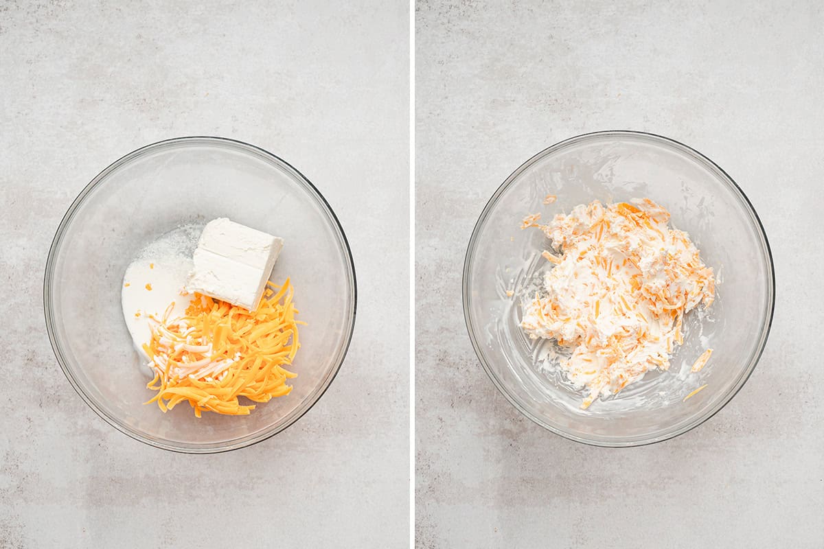 Cream cheese, shredded cheese, and salt added to a bowl.