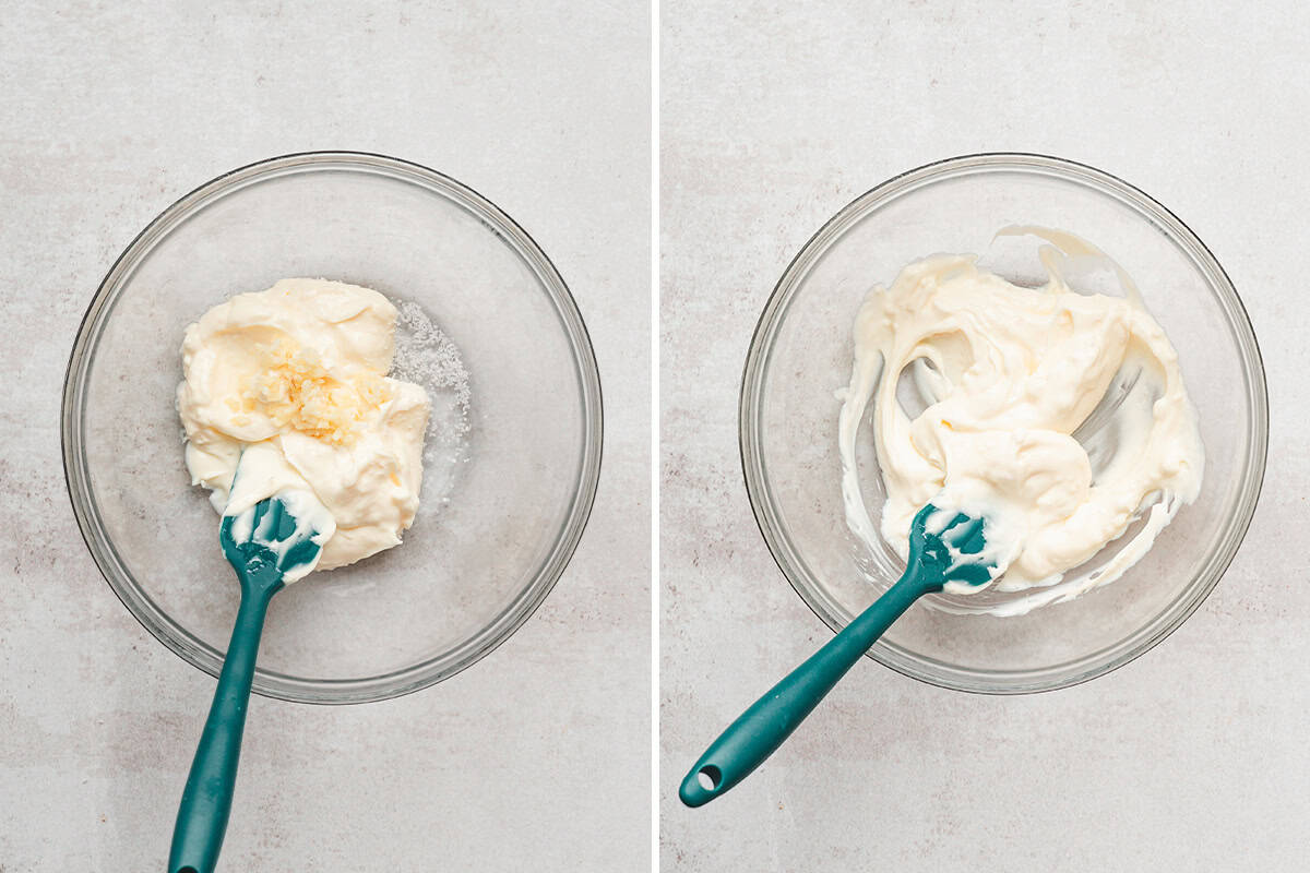 Mixed garlic added to a bowl of mayonnaise, followed by the garlic and mayo being combined with a spatula.