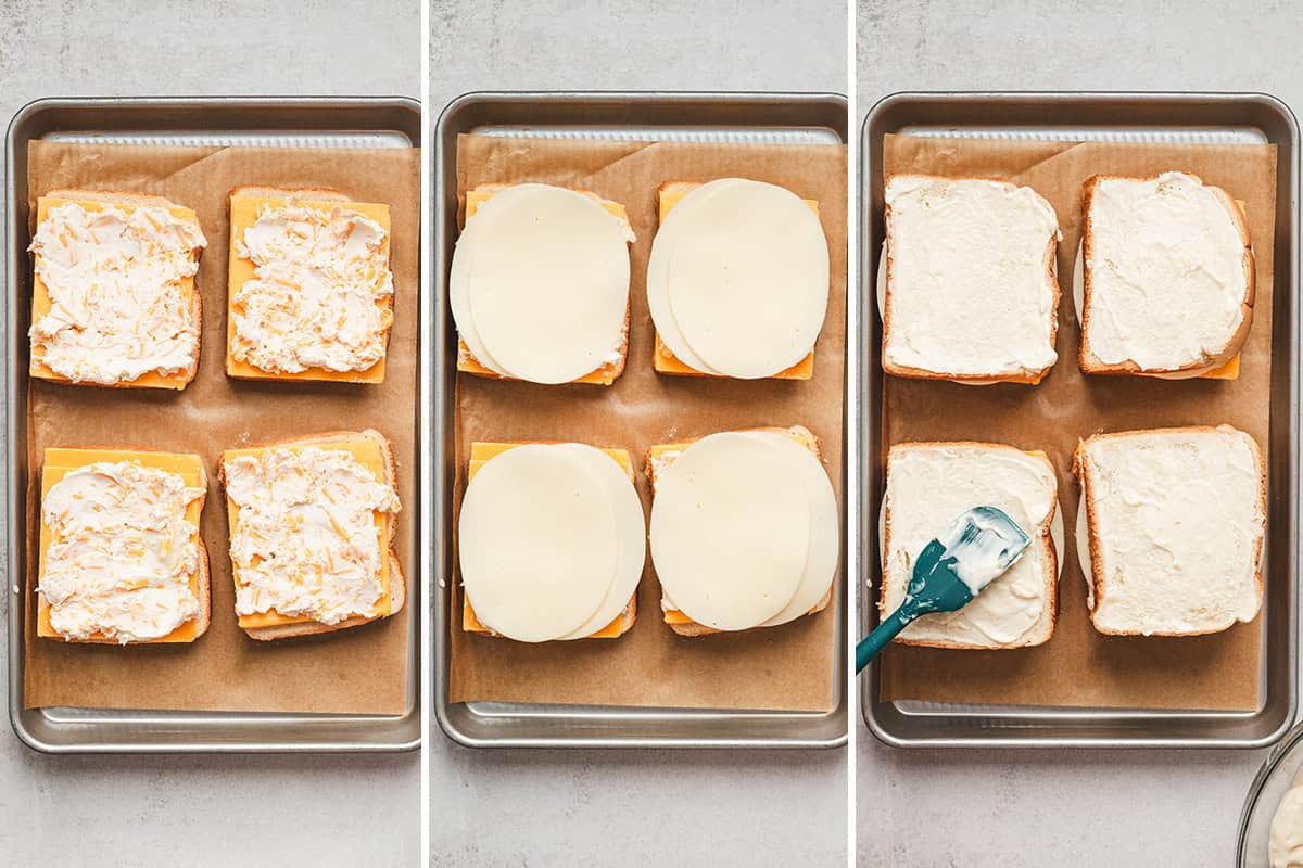 Sliced cheese on Texas toast topped with a cream cheese mixture, followed by provolone cheese added to the bread, followed by a mayonnaise mixture being spread over the outside of the sandwiches.