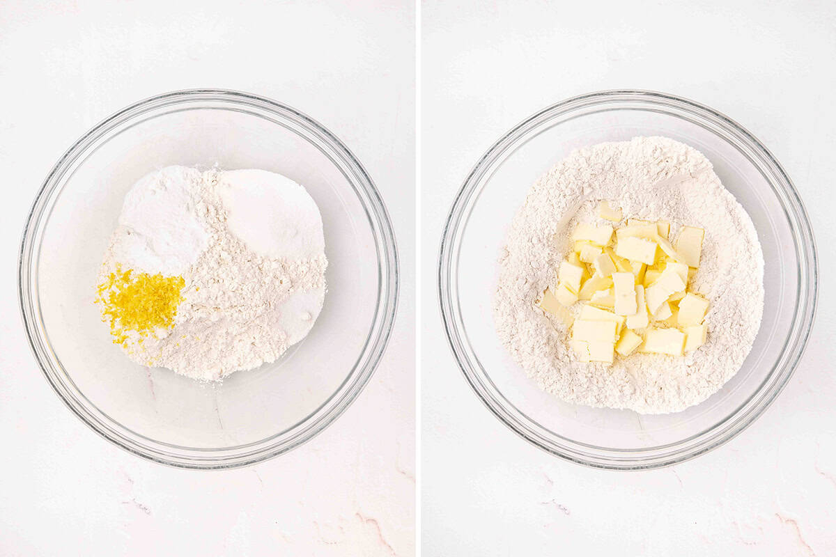 Flour, sugar, baking powder, salt, and lemon zest in a bowl, followed by cold cubed butter added to the flour mixture for lemon blueberry scones.