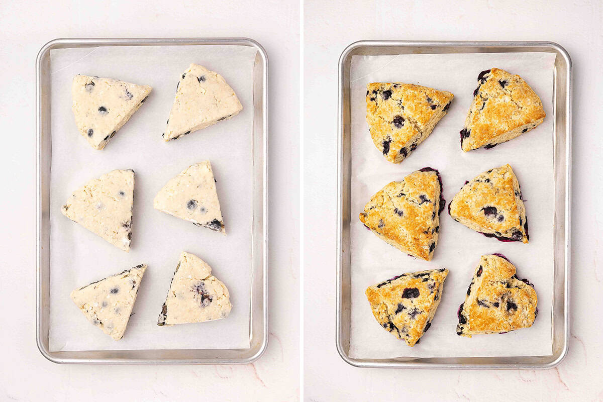 Lemon blueberry scones before baking and after baking on a parchment lined sheet pan.