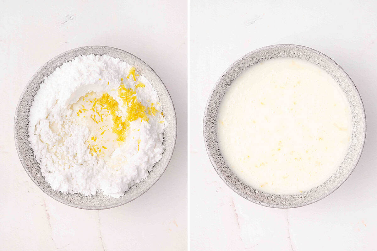 Powdered sugar, lemon zest, lemon juice, and half and half in a bowl, then whisked into a smooth lemon glaze for lemon blueberry scones.