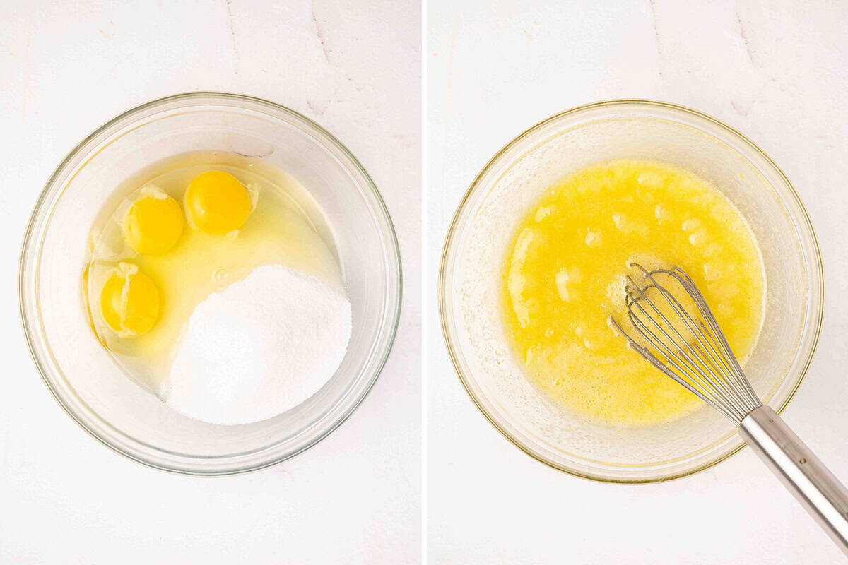 Eggs and granulated sugar in a glass bowl before whisking for microwave lemon curd.
