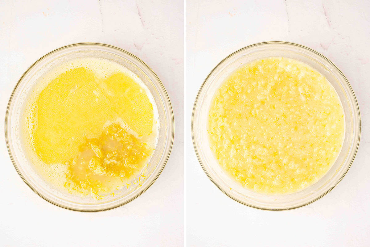 Eggs and sugar and lemon and butter whisked together in a bowl to create the base for lemon curd.