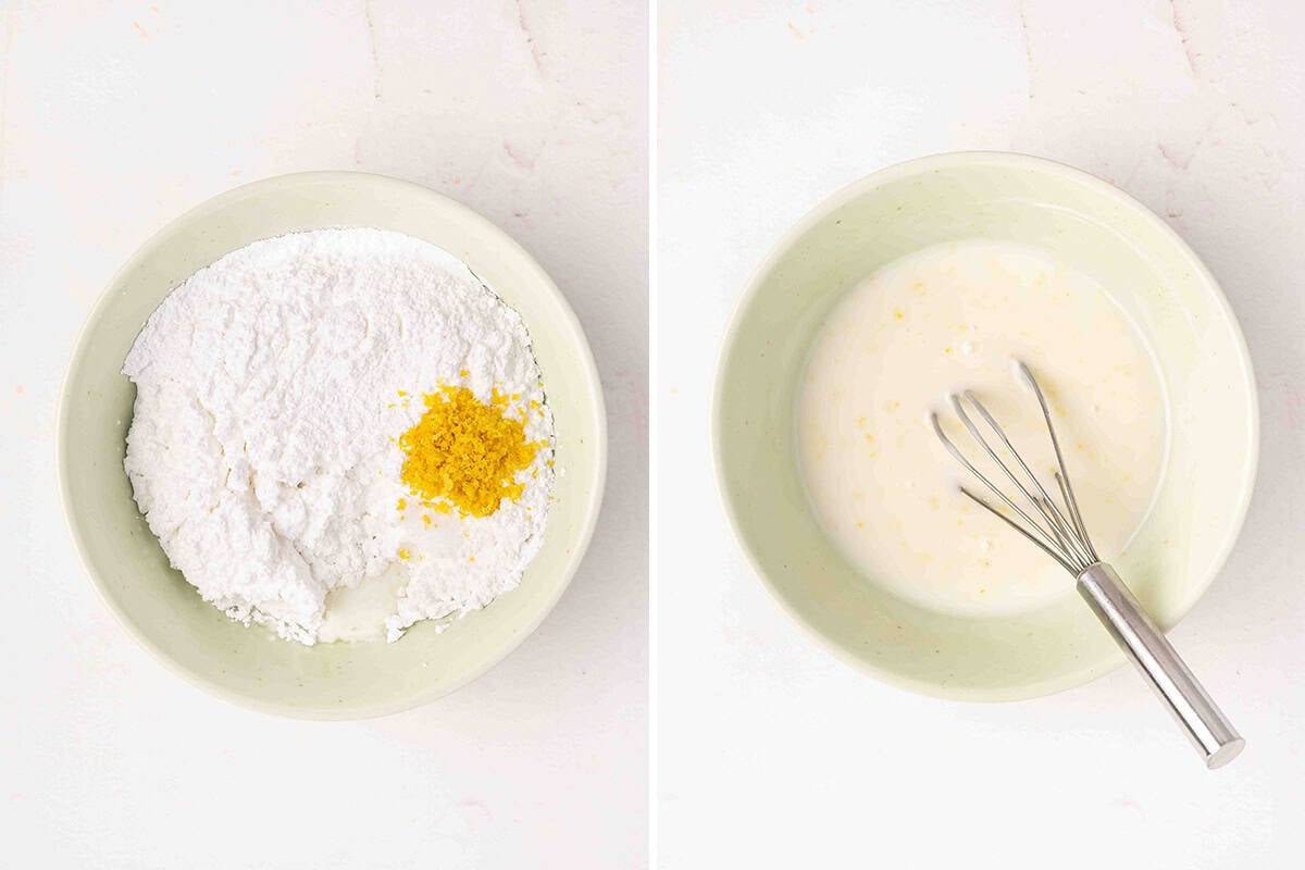 Ingredients for lemon glaze in a bowl, followed by a finished glaze in a bowl with a whisk.