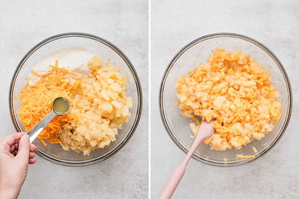 Pineapple juice being stirred into the filling for a pineapple casserole.