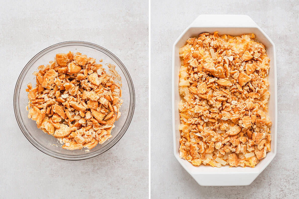 Crushed crackers in a bowl, followed by crushed crackers adds to a casserole dish of pineapple casserole.