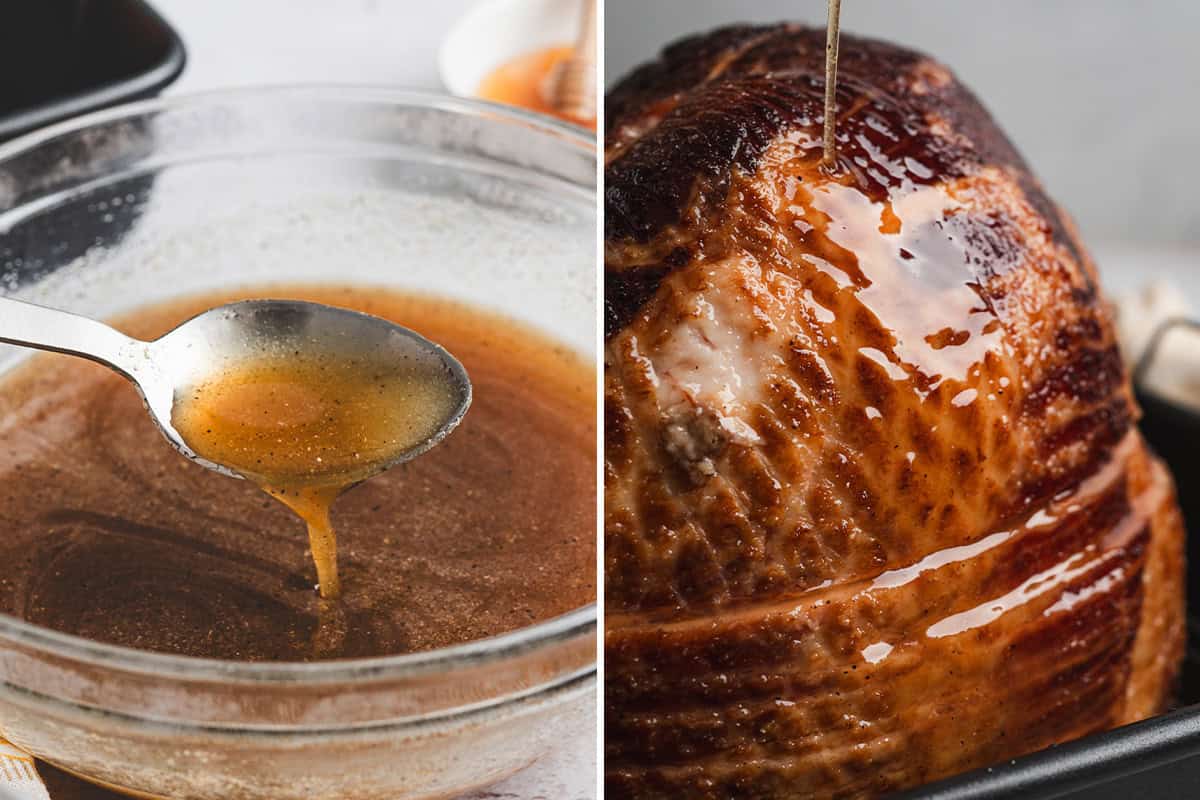 A pineapple glaze in a bowl with a spoon, followed by a glazed pineapple ham.