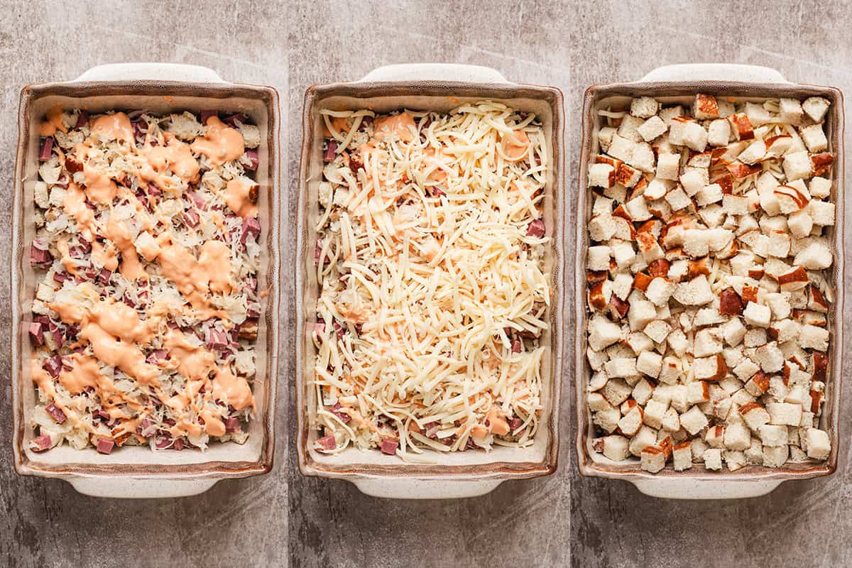 Diced pretzel buns layered with corned beef and sauerkraut.