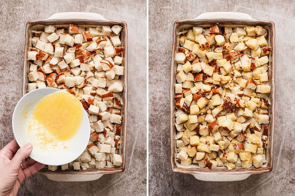 Seasoned melted butter being poured over a casserole dish of reuben bake casserole.