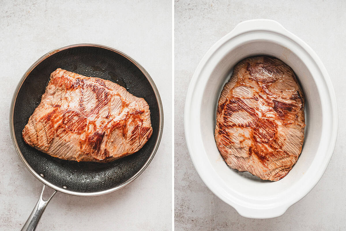 Beef brisket being seared in a skillet until browned and then placed into a slow cooker