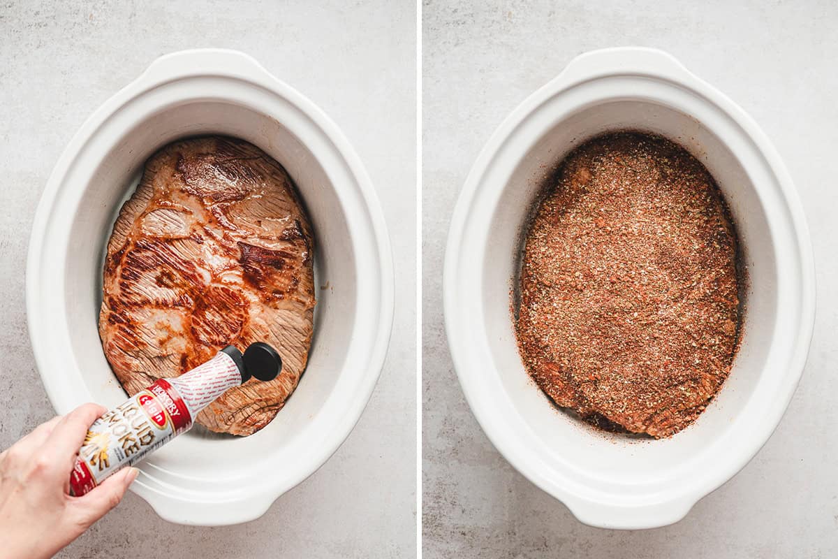 Liquid smoke being added to brisket in slow cooker followed by an even coating of spice rub