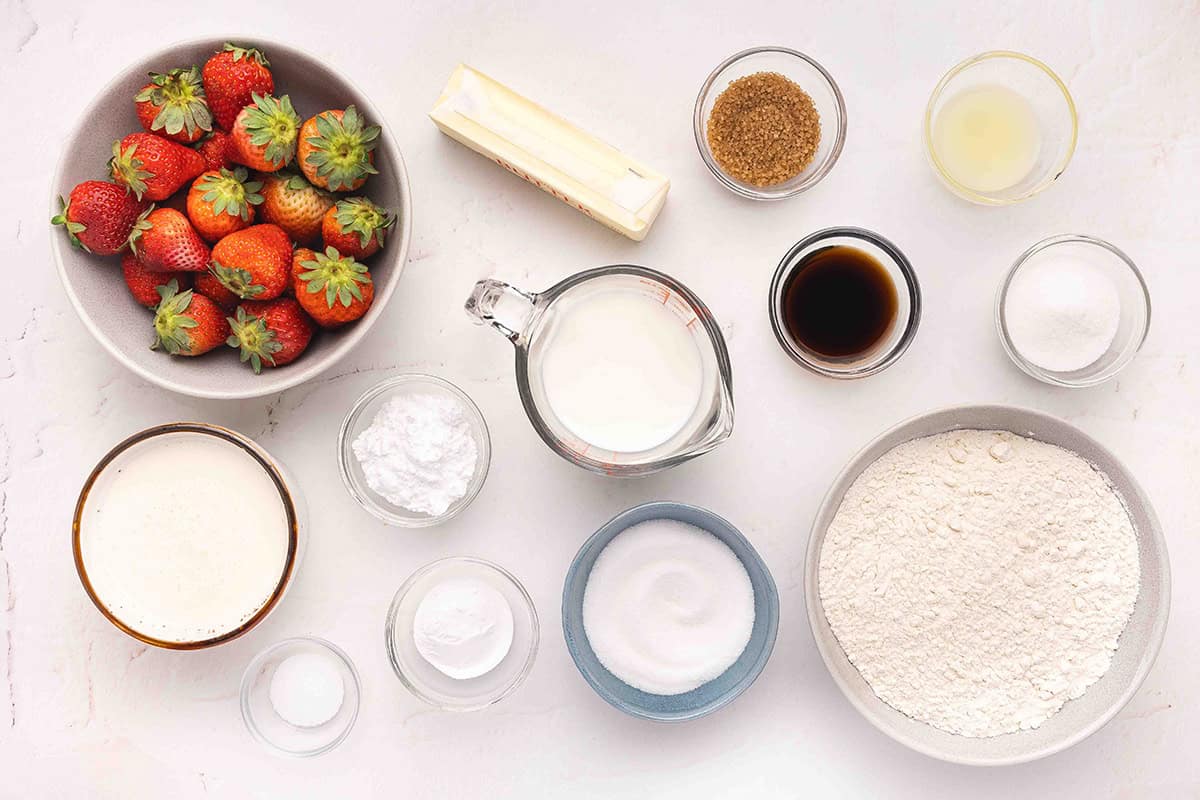 The ingredients to make strawberry shortcake.