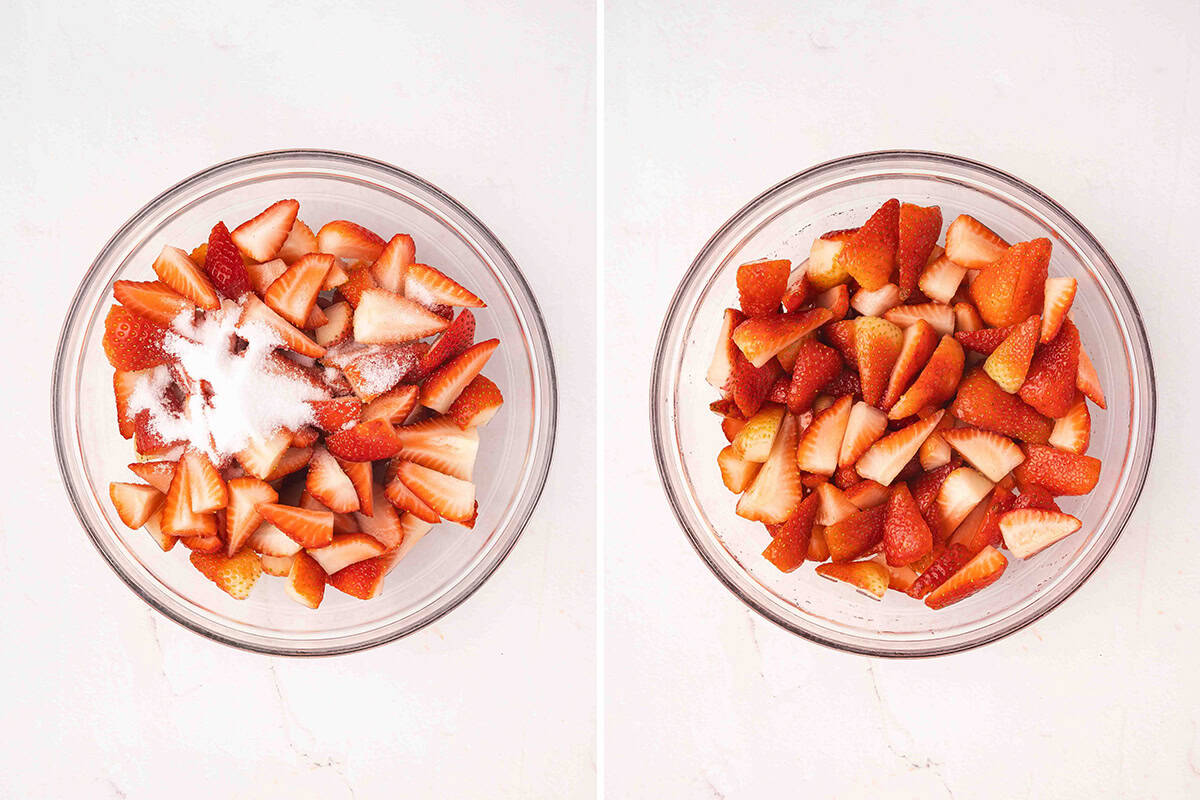 Sugar and strawberries in a mixing bowl followed by a bowl of macerated strawberries.