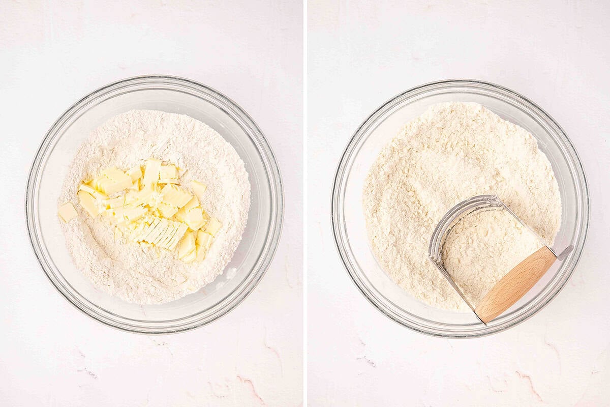 Butter cut into flour in a bowl.