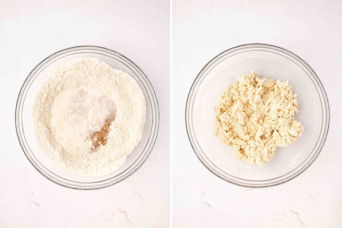 Milk added to butter and flour mix in a bowl to make a dough.