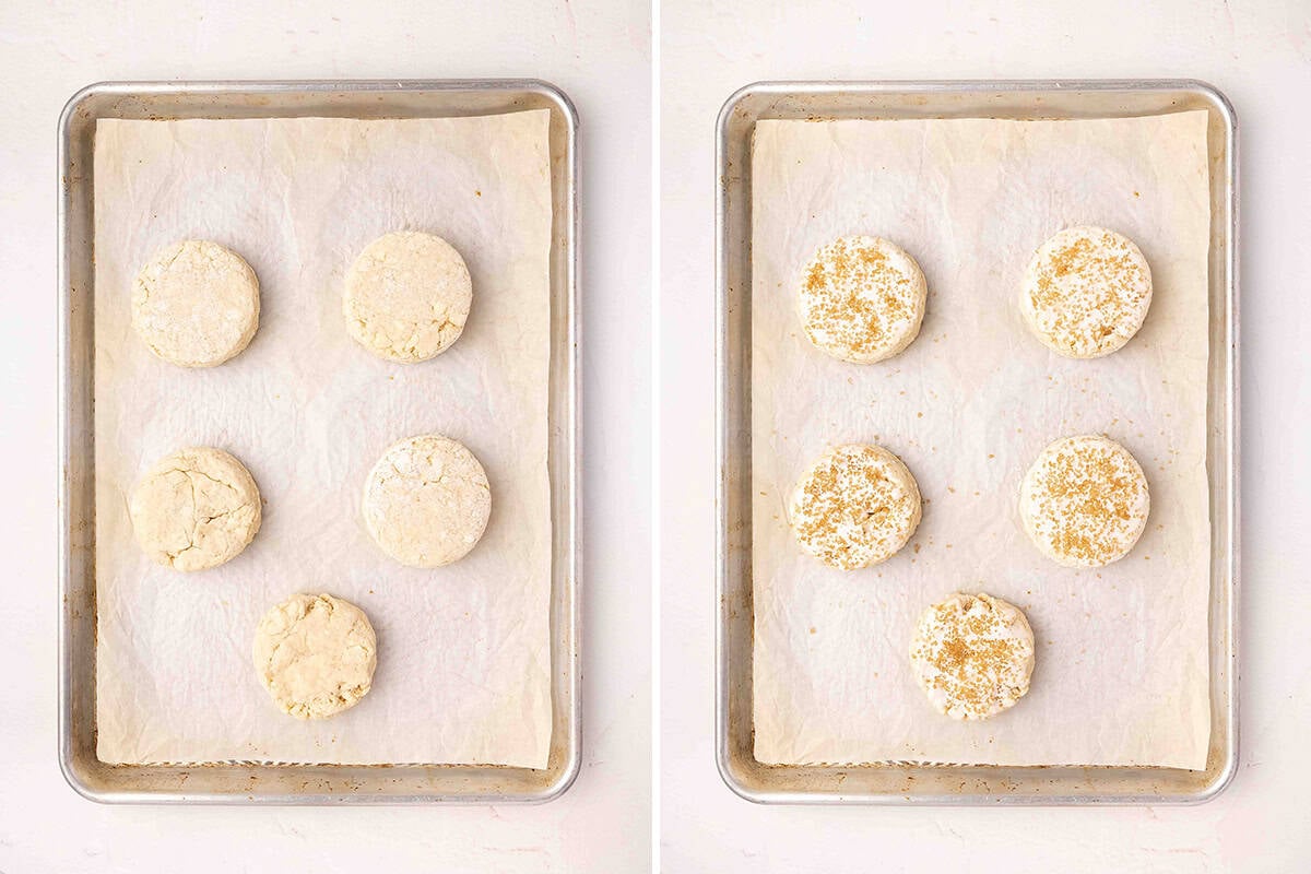 Shaped strawberry shortcake dough on a baking sheet, followed by the dough topped with demerara sugar.