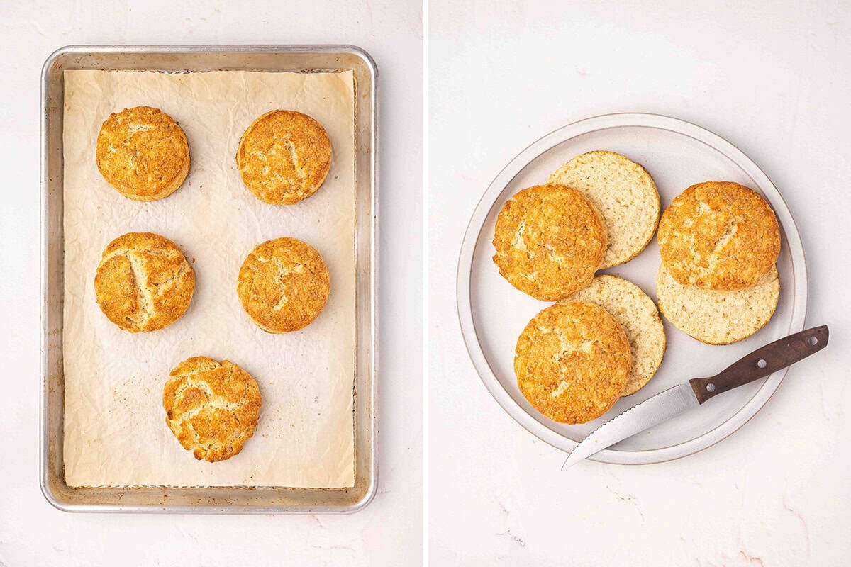 Freshly baked shortcakes on a baking sheet, followed by the shortcakes sliced in half on a plate.