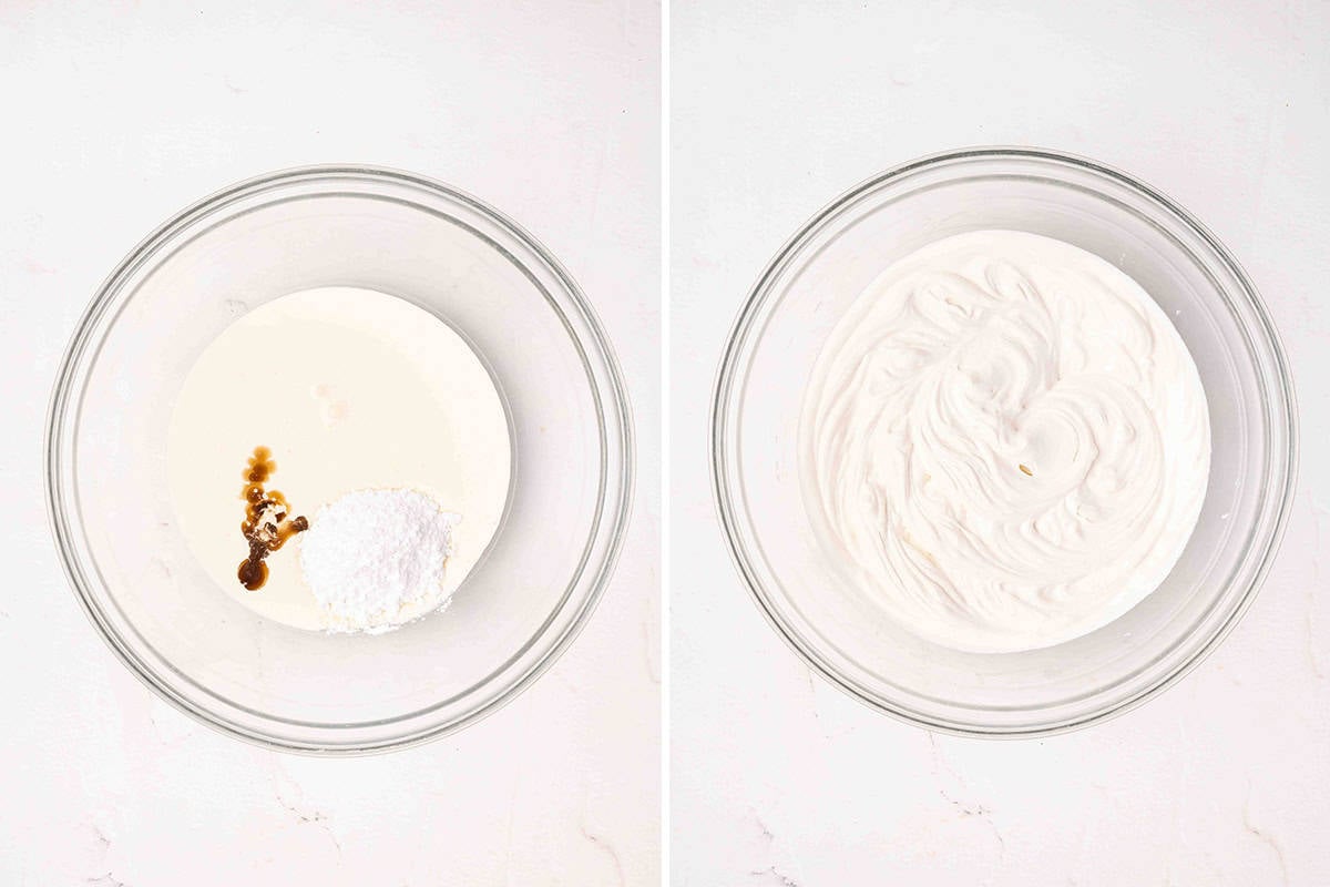Cream, sugar and vanilla in a bowl, followed by whipped cream in a bowl.