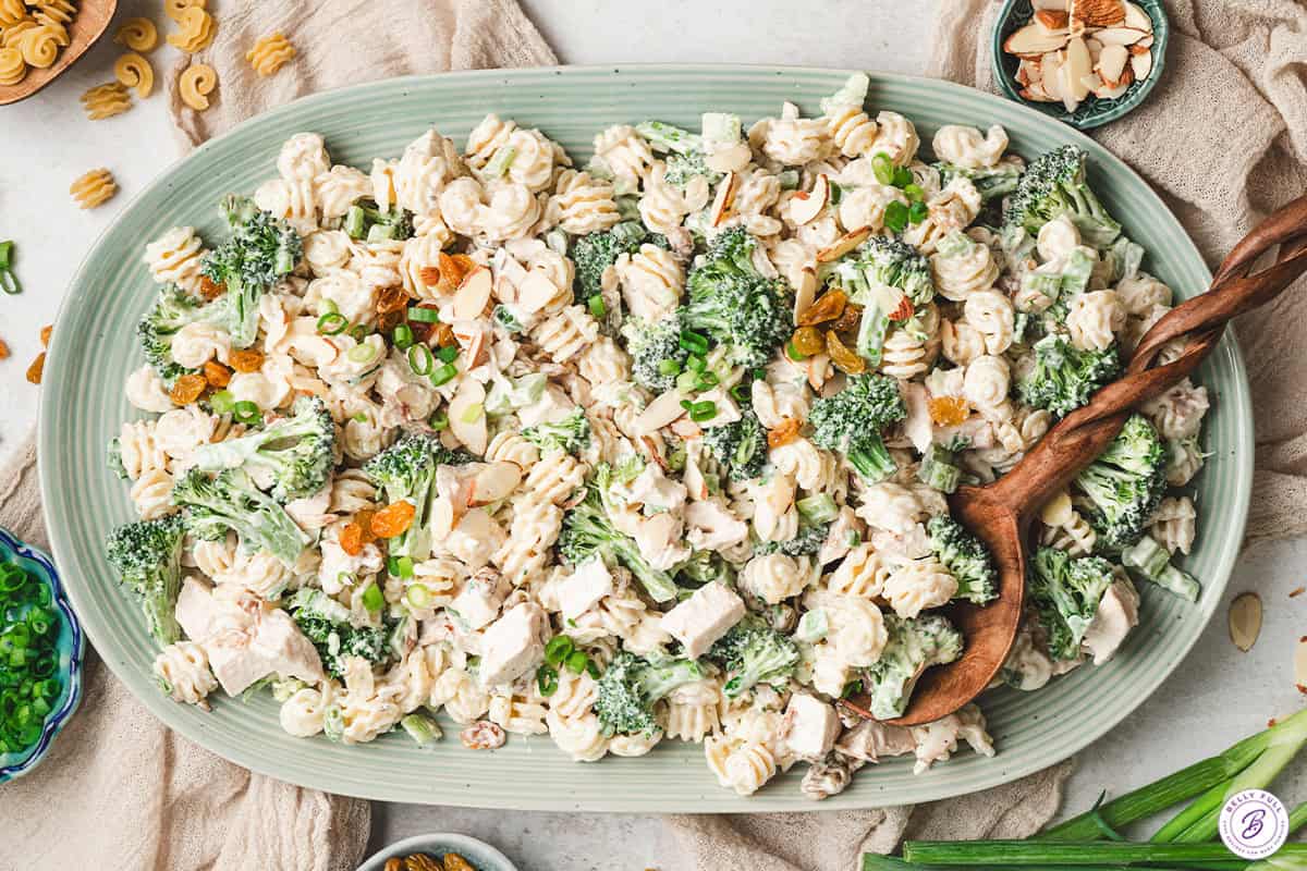 Chicken Broccoli Pasta Salad assembled and ready to serve