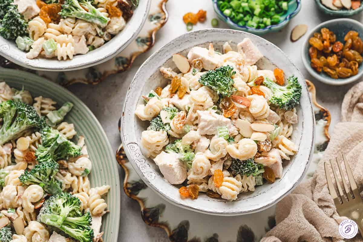 Chicken Broccoli Pasta Salad served in a bowl